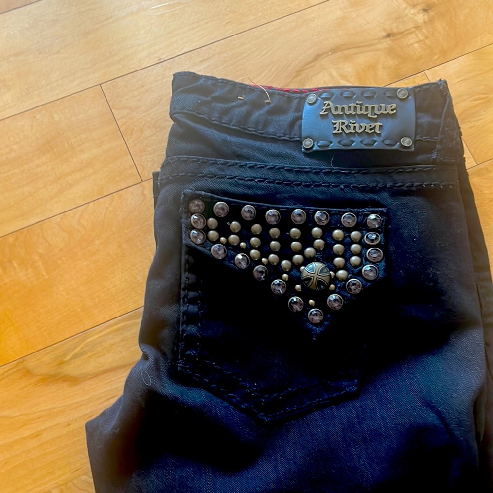 Black  Antique Rivet Jeans- they are low rise and run small.  Never worn